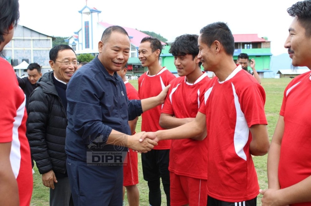 Advisor S Keoshu Yimchunger interacts with players during the commencement of the fifth Inter-Departmental Sports Meet2026 of Pughoboto Sub-Division commenced at the Public Ground, Pughoboto, on October 28. (DIPR Photo)